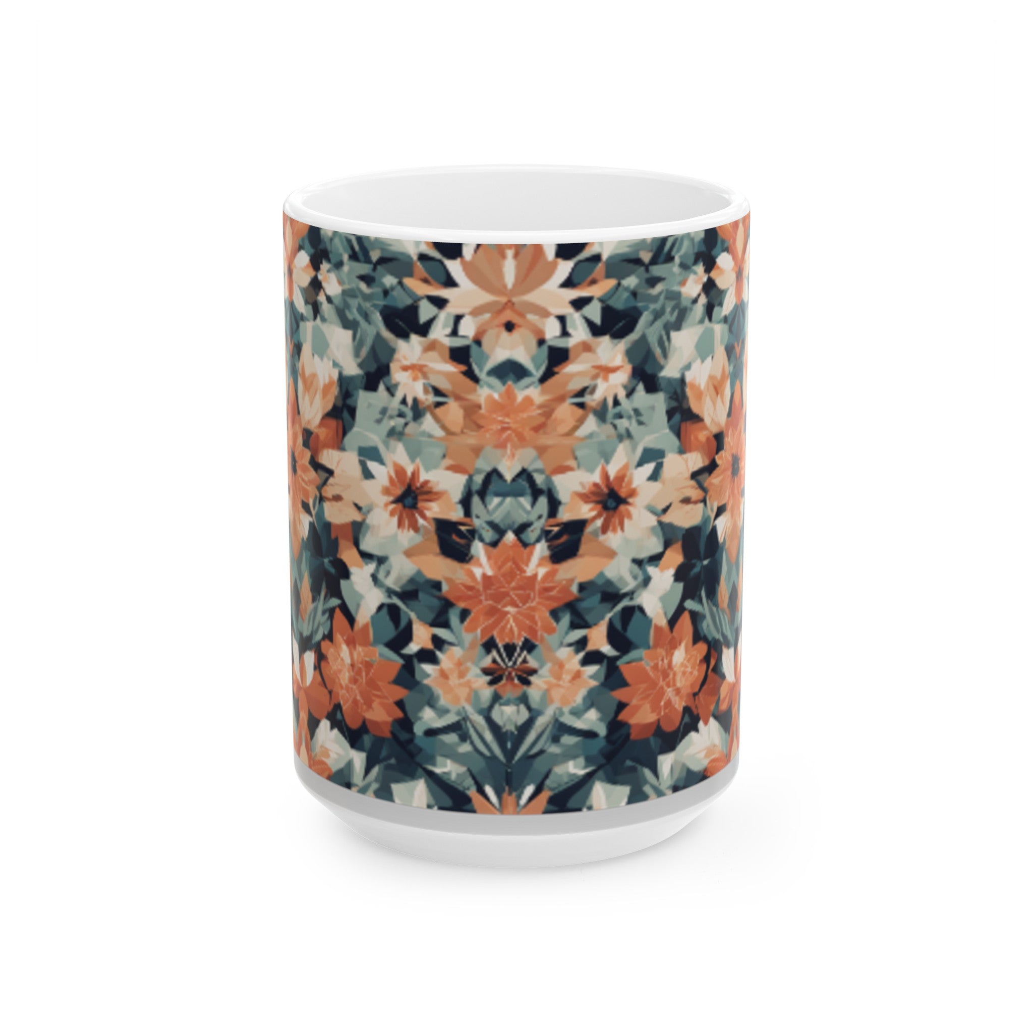 Geometric Floral Pattern Ceramic Mug - 11oz/15oz Coffee Mug for Home & Living, Stylish Beverage Cup with Clean Lines Design