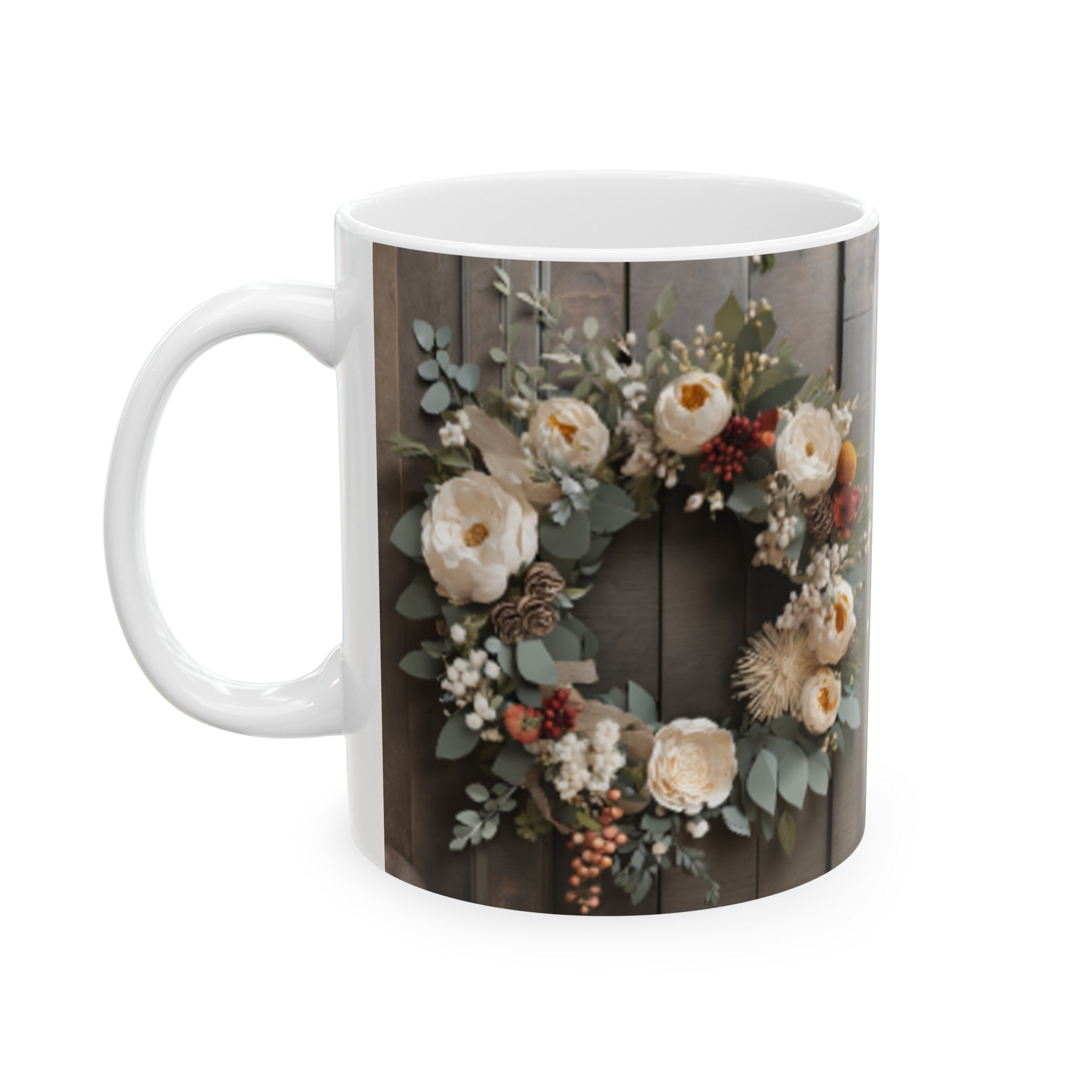 Rustic Floral Wreath Ceramic Mug 11oz/15oz - Farmhouse Vibe Floral Print Coffee Cup - Charming Home & Living Floral Wall Art Decor Mug