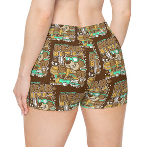 Playful Bear Bites Women's Spandex Shorts: Fun Cartoon Bear Design- Women's Shorts (AOP)