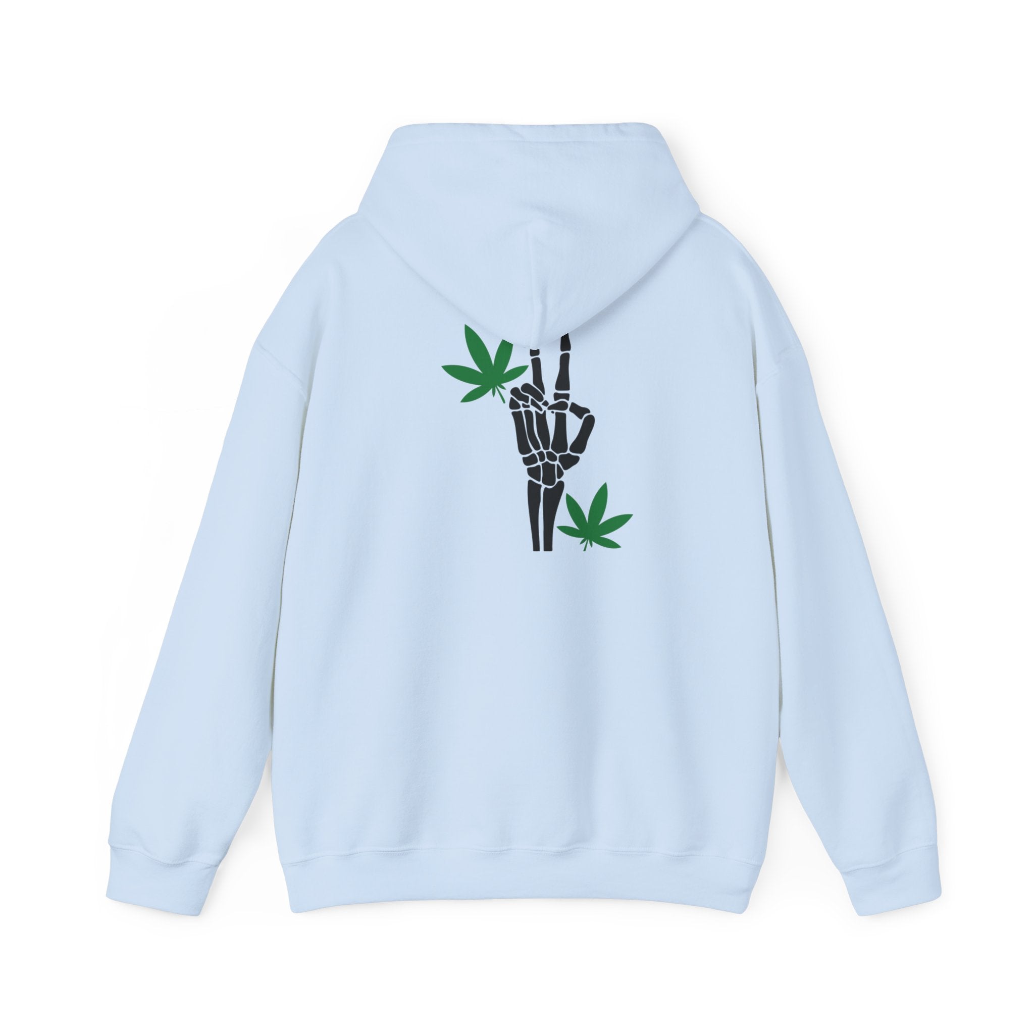 Skeleton Peace Sign Hoodie with Leaves Detail - Unique Cannabis Apparel