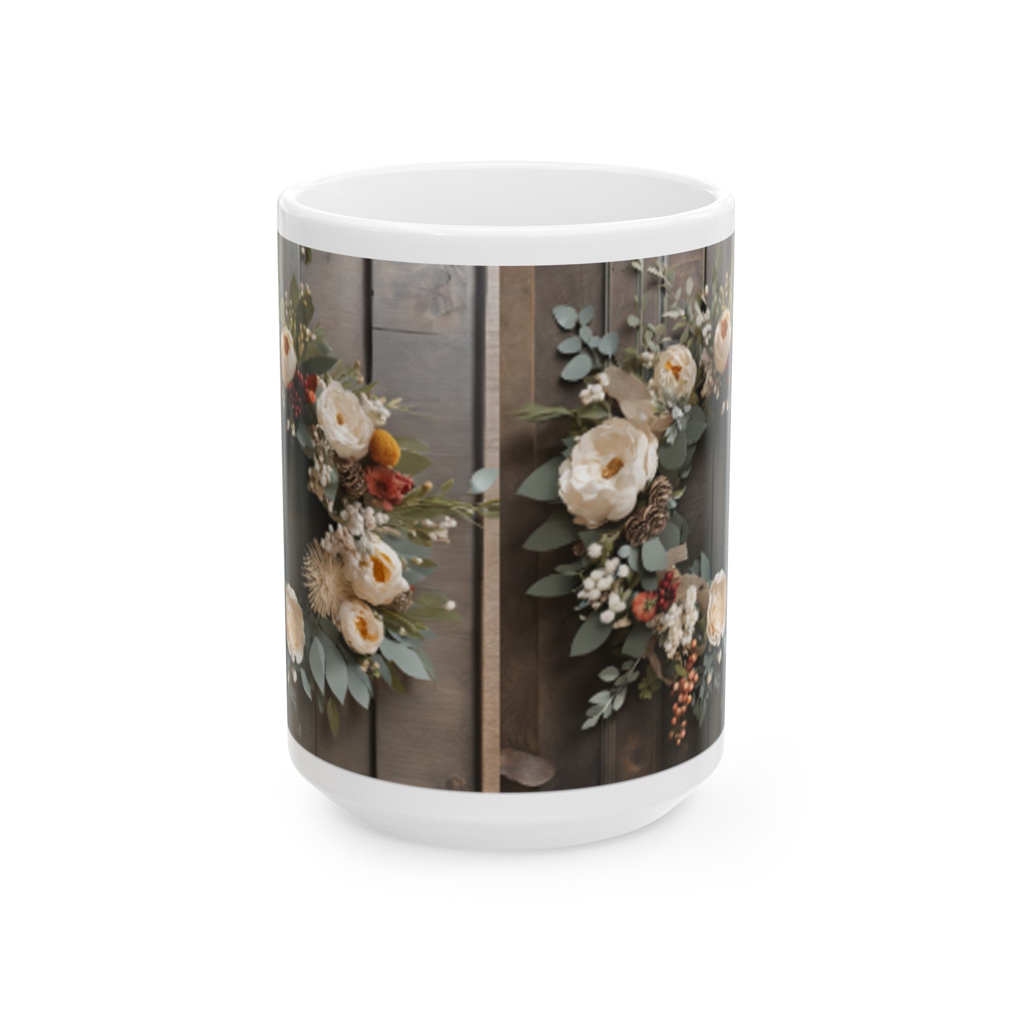 Rustic Floral Wreath Ceramic Mug 11oz/15oz - Farmhouse Vibe Floral Print Coffee Cup - Charming Home & Living Floral Wall Art Decor Mug