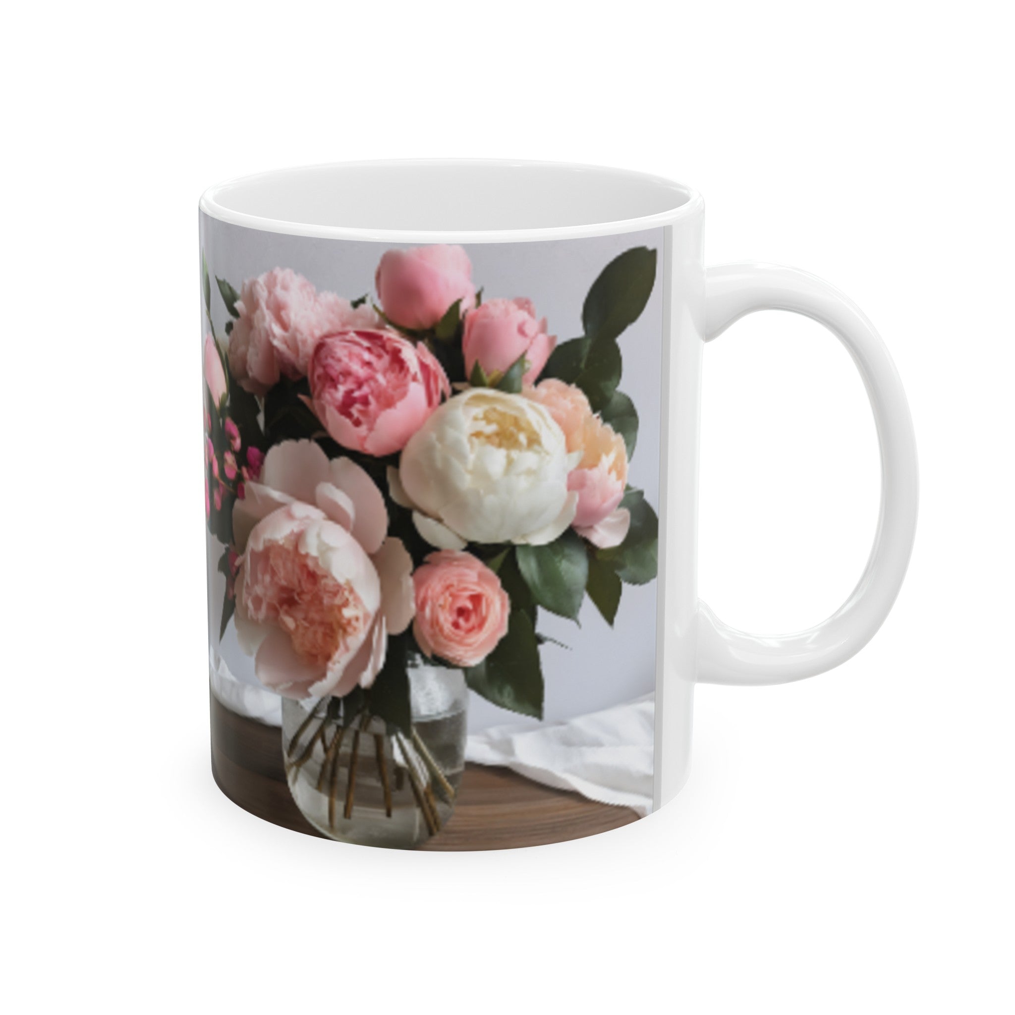 Romantic Roses and Peonies Bouquet Ceramic Mug - Coffee Mug 11oz/15oz, Perfect Romantic Gifts for Him & Her, Kitchen Decor