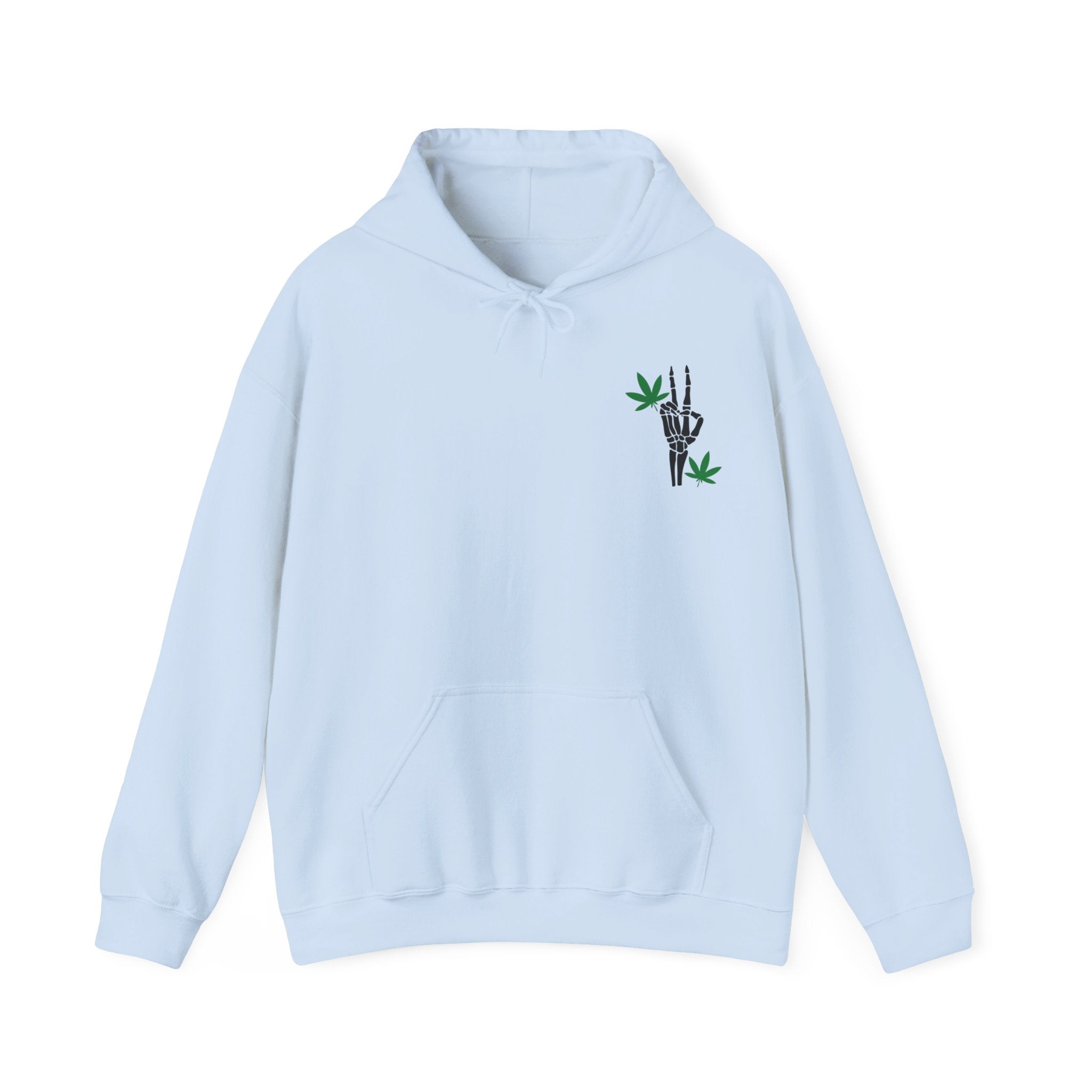 Skeleton Peace Sign Hoodie with Leaves Detail - Unique Cannabis Apparel