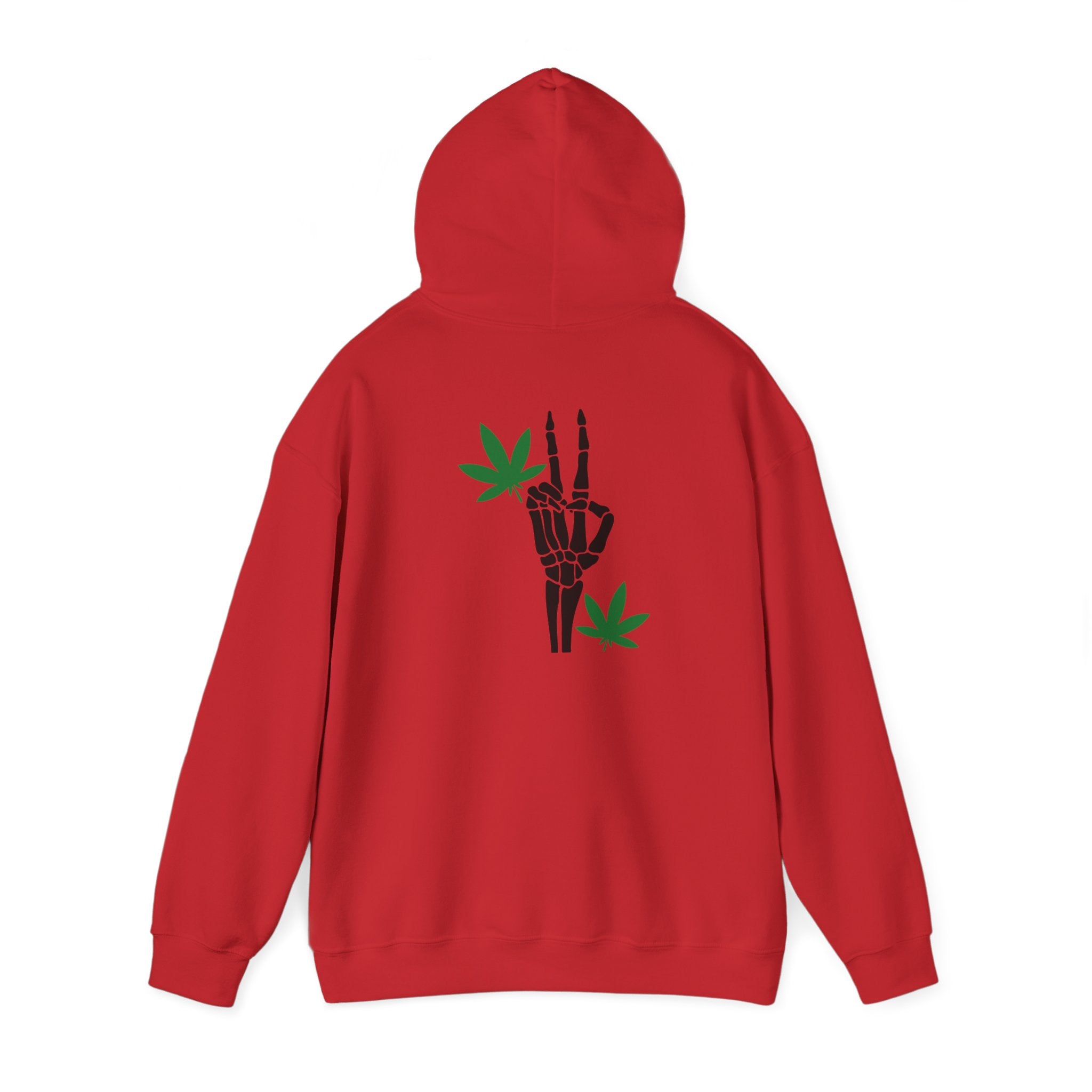 Skeleton Peace Sign Hoodie with Leaves Detail - Unique Cannabis Apparel