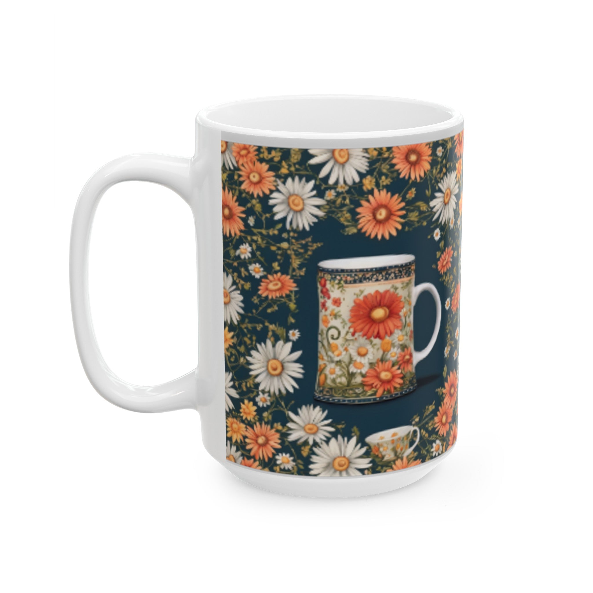 Whimsical Daisy Chain Ceramic Mug 11oz/15oz - Unique Floral Art Coffee Cup for Home & Living, Kitchen Decor