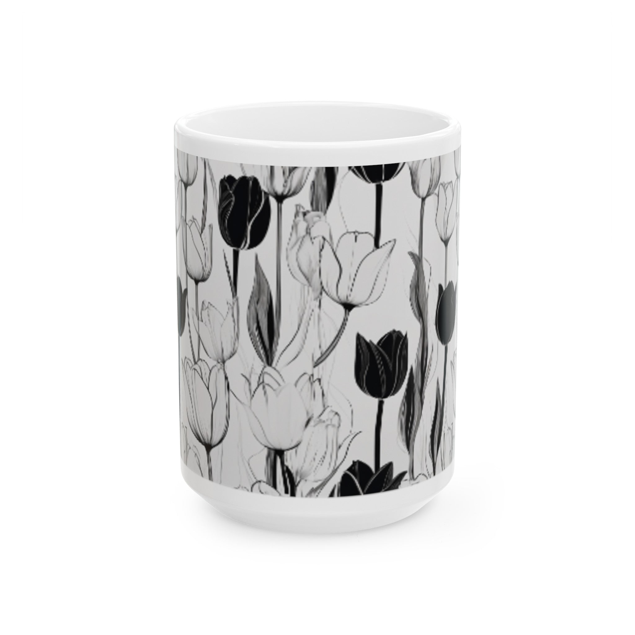 Minimalist Black and White Tulip Outline Ceramic Coffee Mug - 11oz/15oz Home & Living Elegant Wall Art Style Drinkware