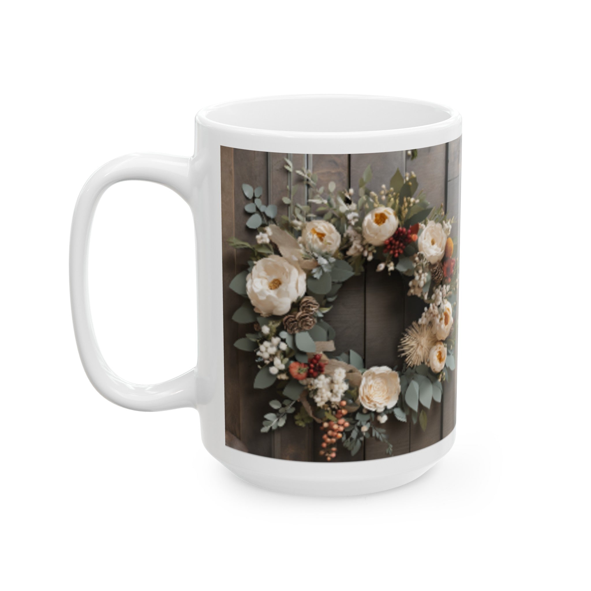 Rustic Floral Wreath Ceramic Mug 11oz/15oz - Farmhouse Vibe Floral Print Coffee Cup - Charming Home & Living Floral Wall Art Decor Mug