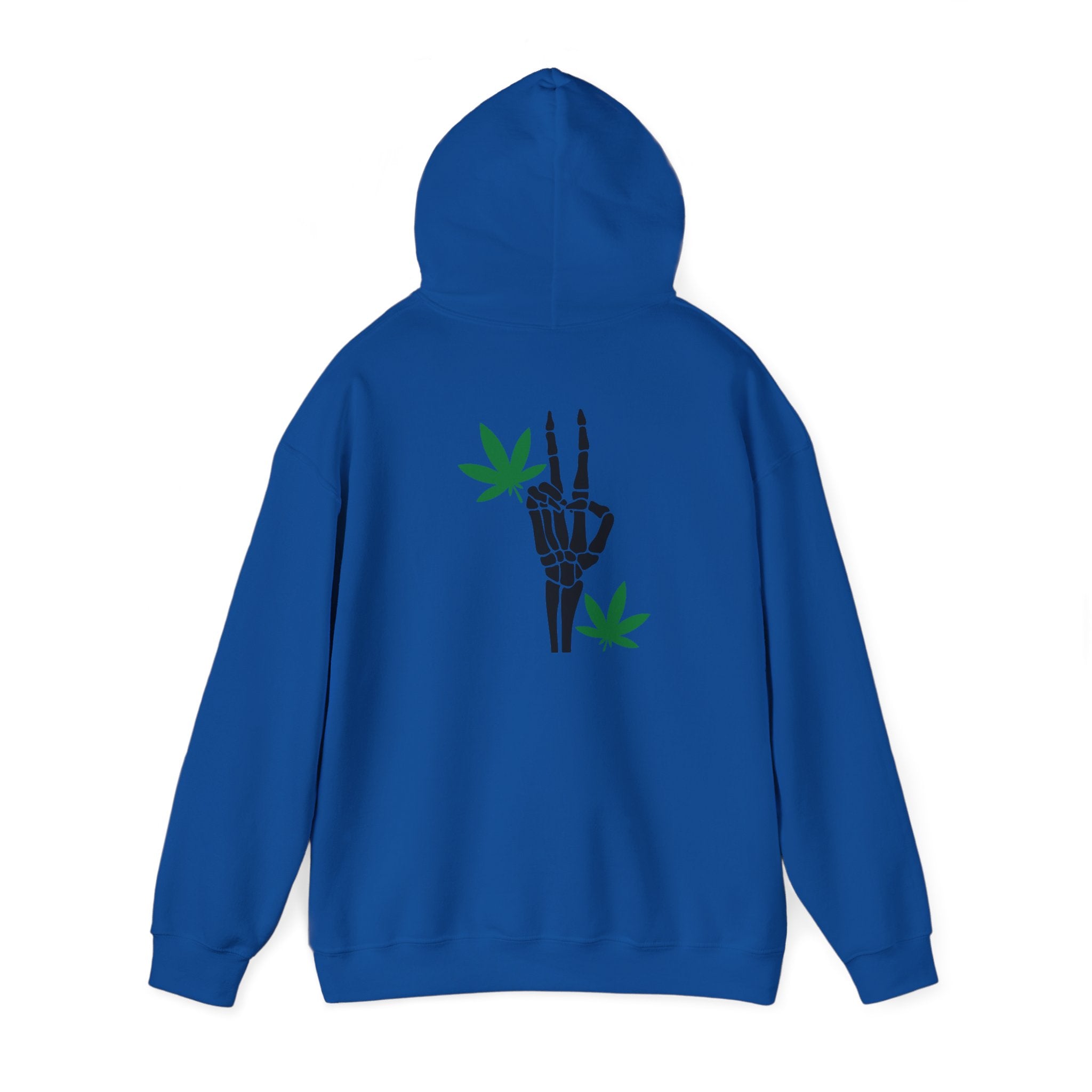 Skeleton Peace Sign Hoodie with Leaves Detail - Unique Cannabis Apparel