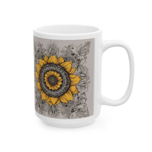 Boho Chic Sunflower Ceramic Mug | Home & Living Kitchen Coffee Cup | Unique Sunflower Wreath Design Gift | 11oz or 15oz Sizes Available