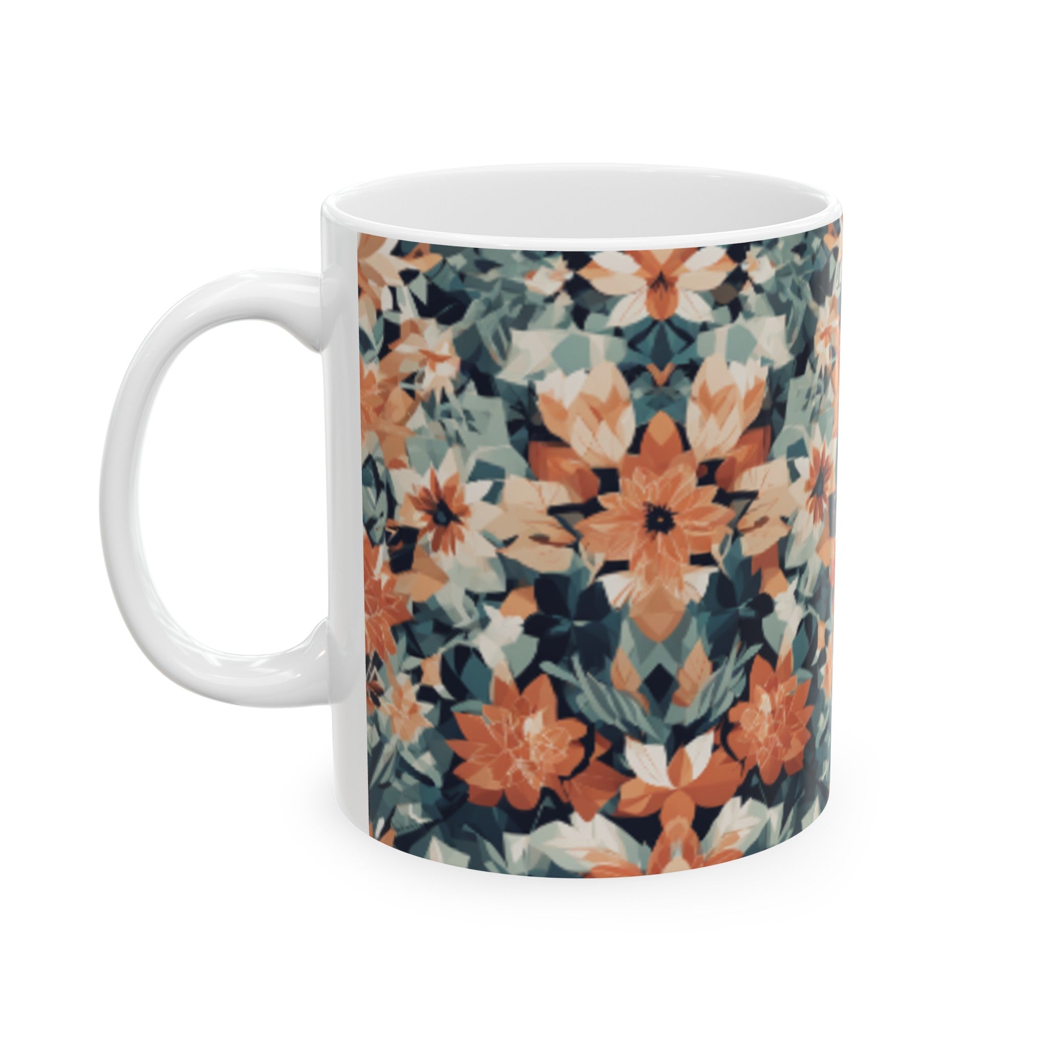 Geometric Floral Pattern Ceramic Mug - 11oz/15oz Coffee Mug for Home & Living, Stylish Beverage Cup with Clean Lines Design