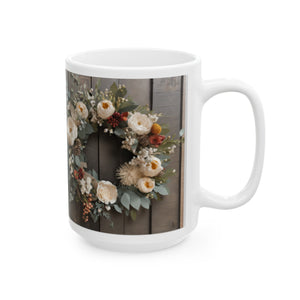 Rustic Floral Wreath Ceramic Mug 11oz/15oz - Farmhouse Vibe Floral Print Coffee Cup - Charming Home & Living Floral Wall Art Decor Mug