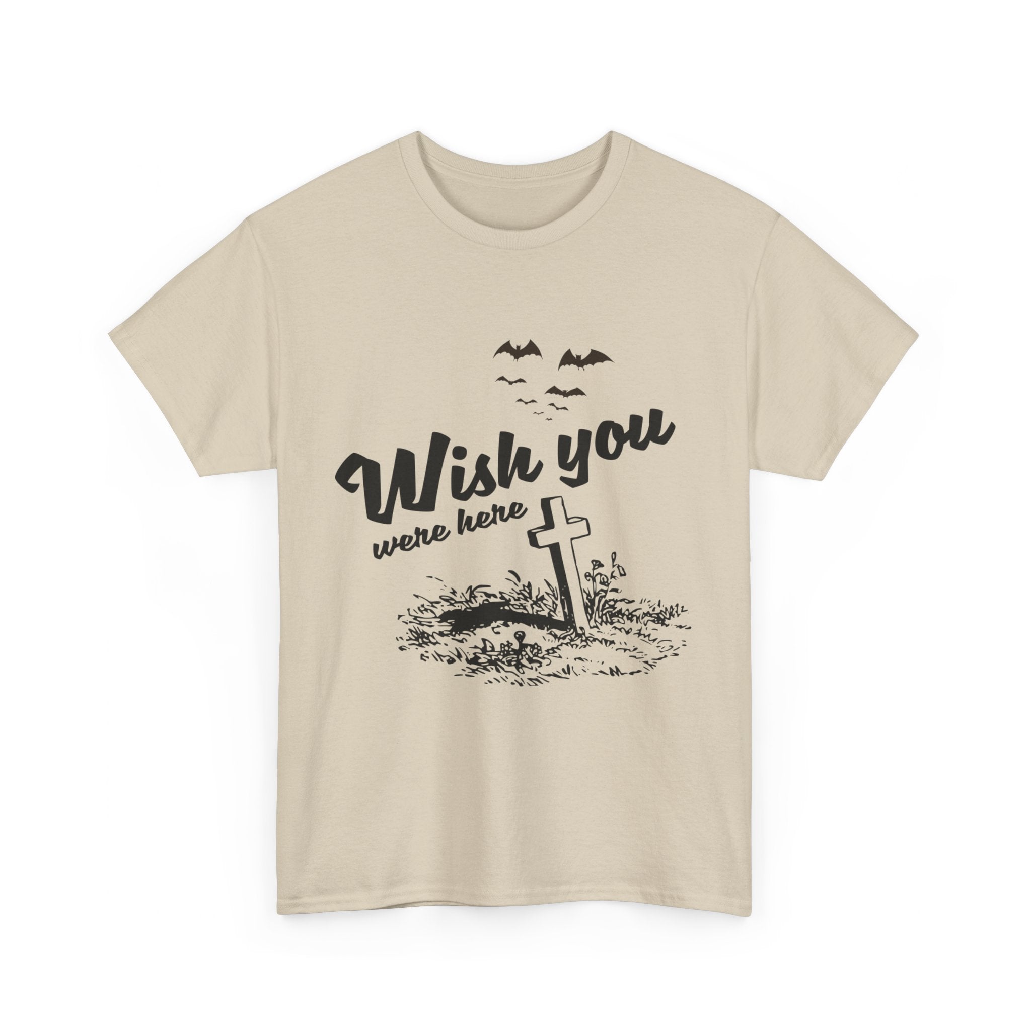 Wish You Were Here Halloween T-Shirt - Spooky Cemetery and Bats Tee - Hauntingly Stylish Shirt