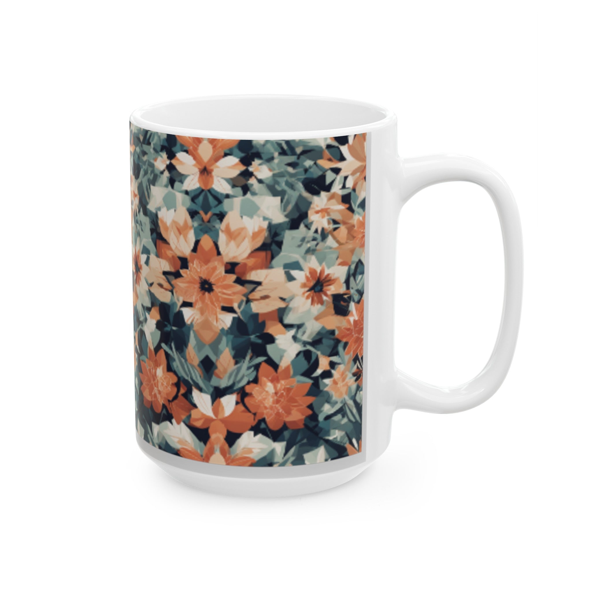 Geometric Floral Pattern Ceramic Mug - 11oz/15oz Coffee Mug for Home & Living, Stylish Beverage Cup with Clean Lines Design