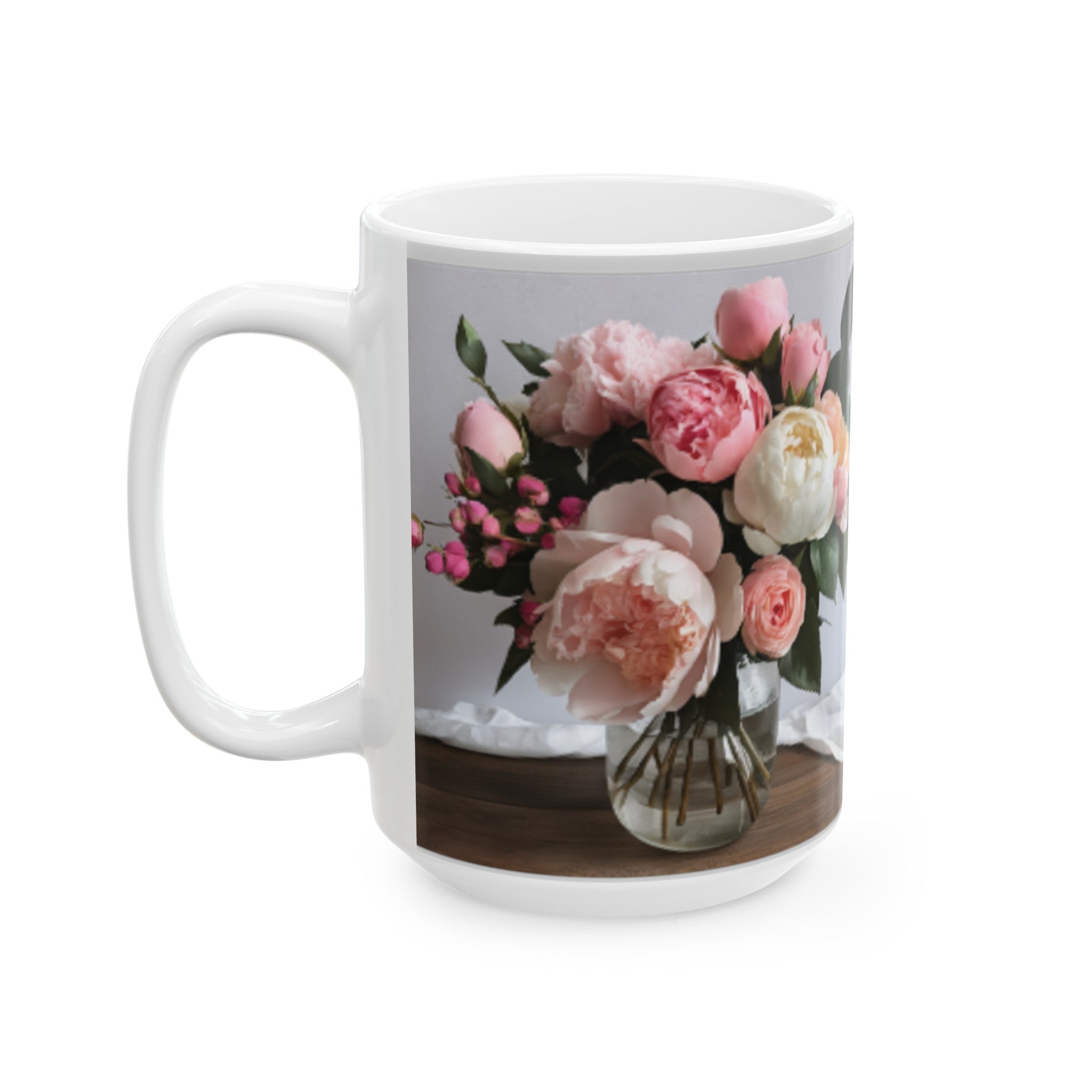 Romantic Roses and Peonies Bouquet Ceramic Mug - Coffee Mug 11oz/15oz, Perfect Romantic Gifts for Him & Her, Kitchen Decor