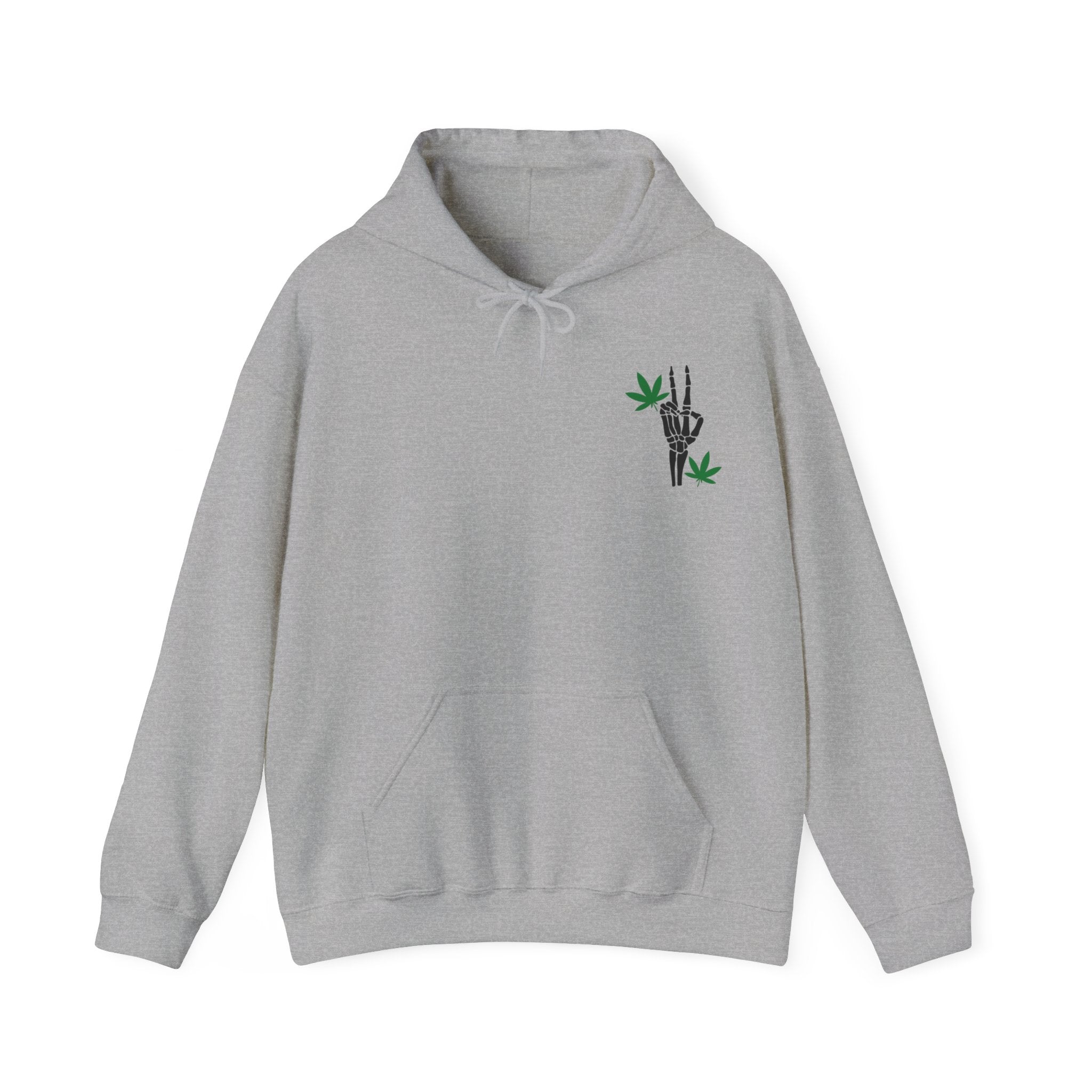 Skeleton Peace Sign Hoodie with Leaves Detail - Unique Cannabis Apparel