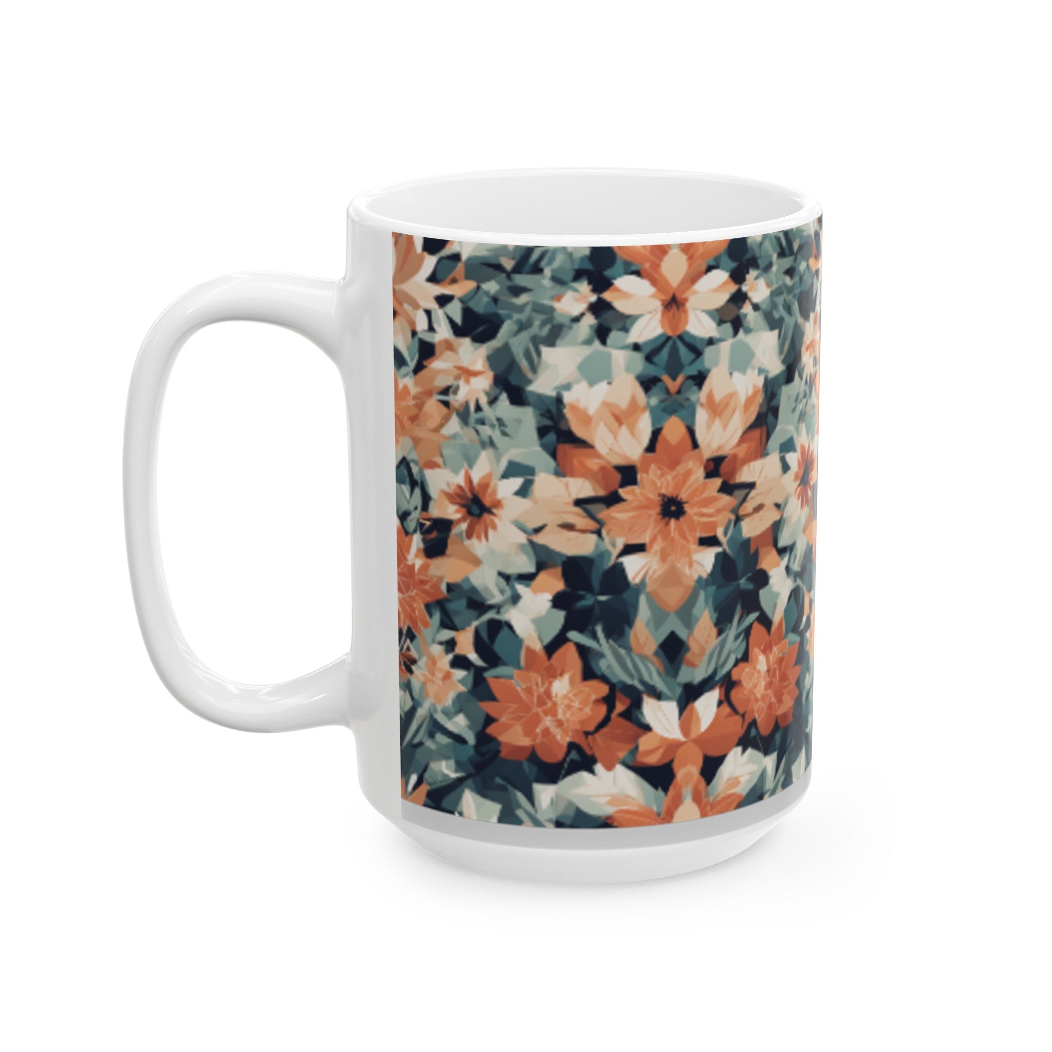 Geometric Floral Pattern Ceramic Mug - 11oz/15oz Coffee Mug for Home & Living, Stylish Beverage Cup with Clean Lines Design