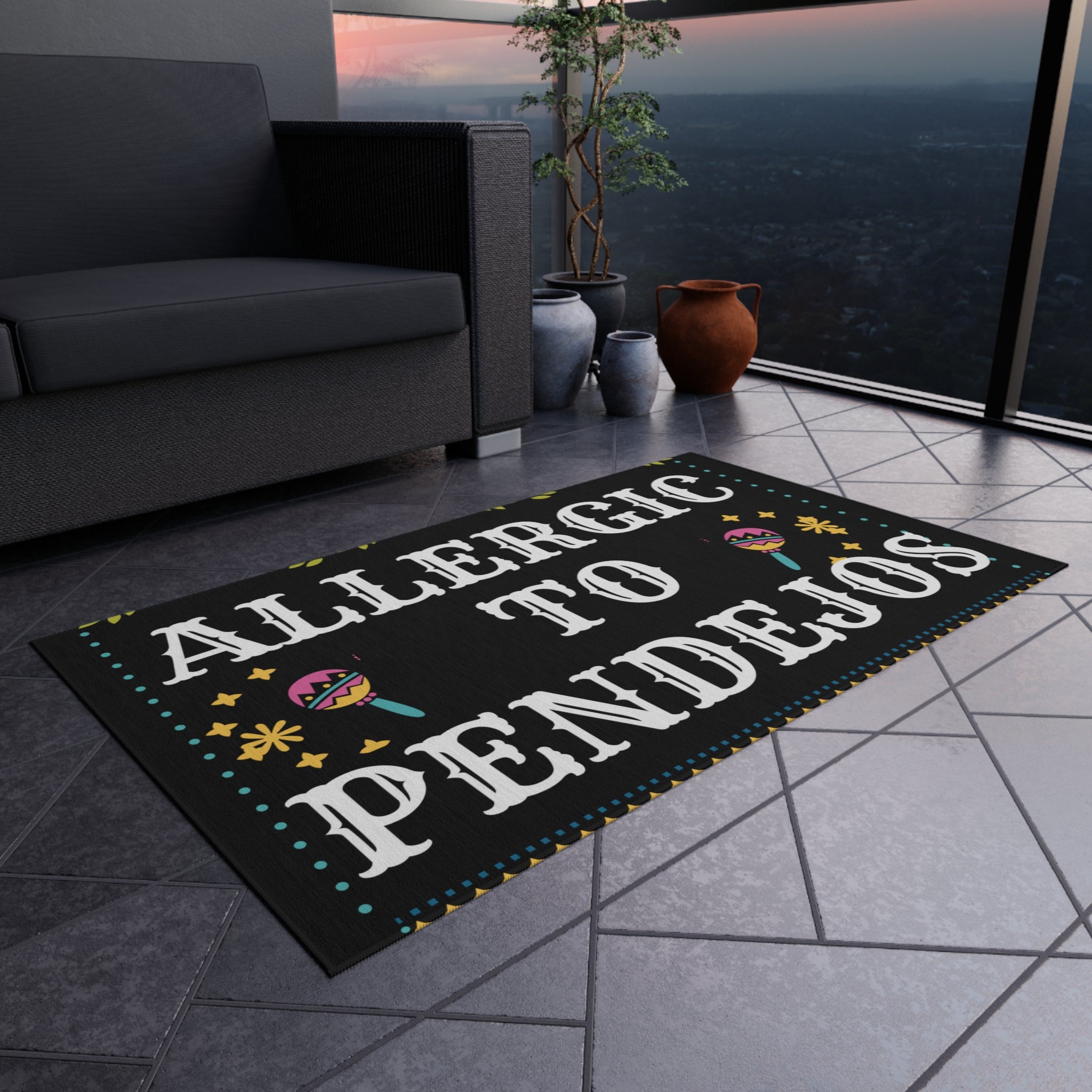 Eye-Catching 'Allergic to Pendejos' Outdoor Rug for Quirky Decor