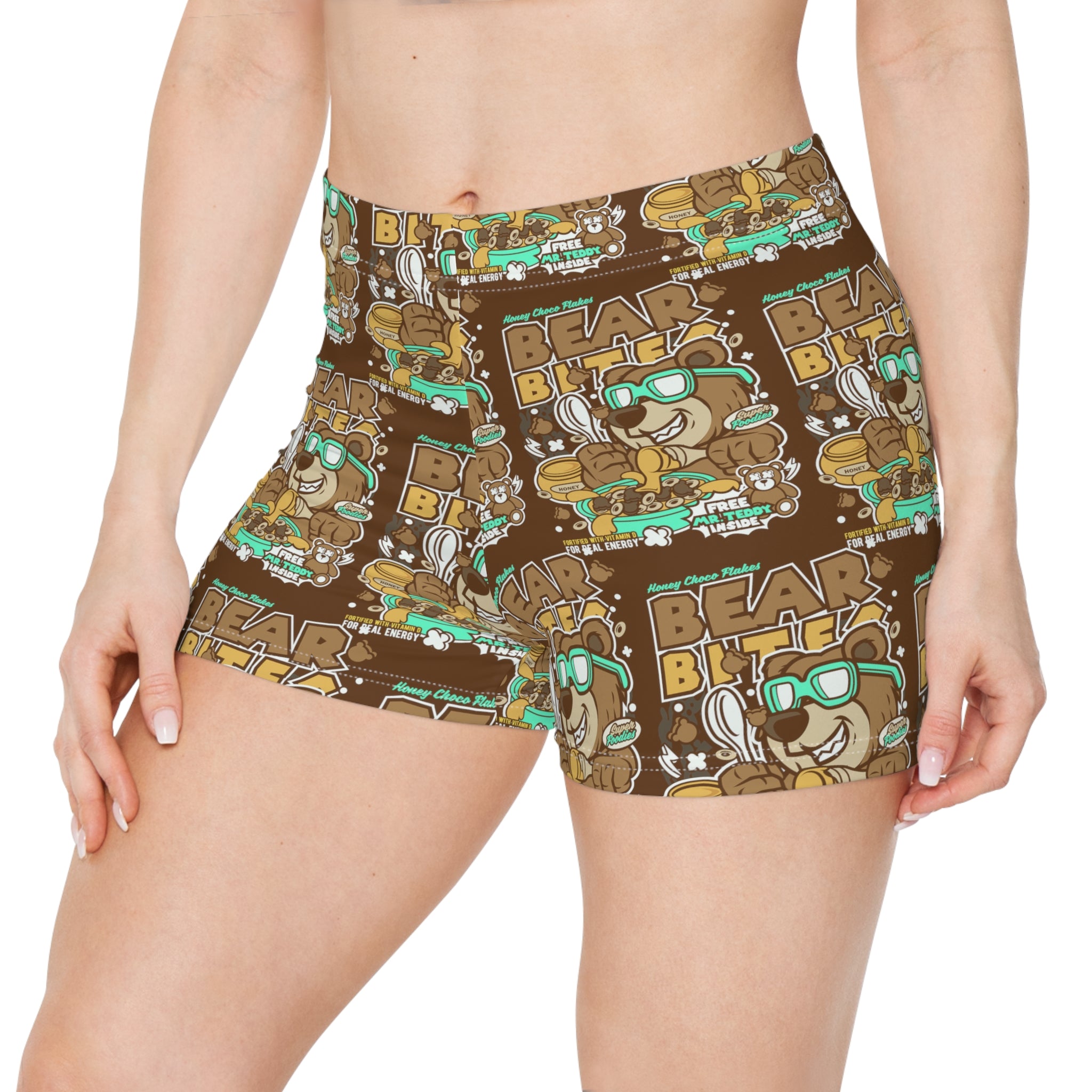 Playful Bear Bites Women's Spandex Shorts: Fun Cartoon Bear Design- Women's Shorts (AOP)