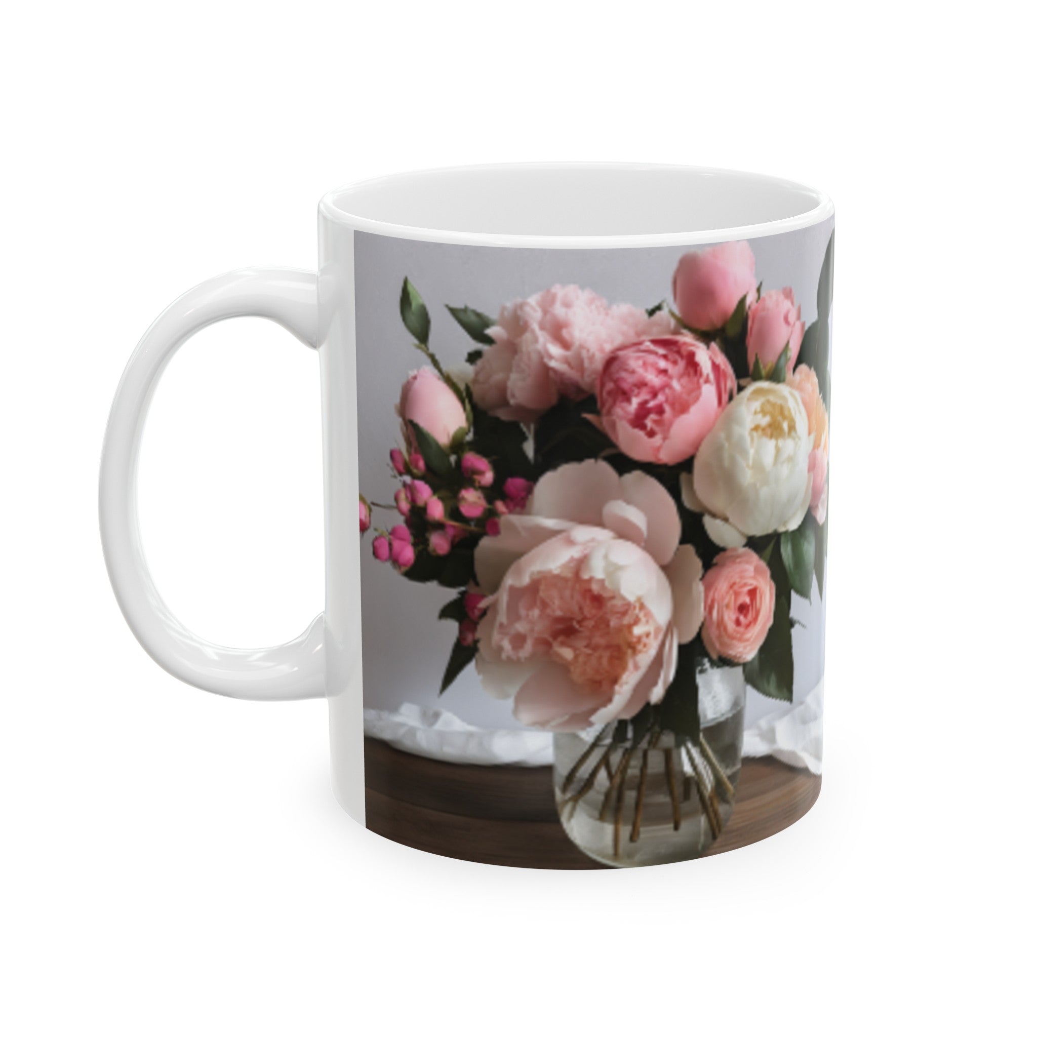 Romantic Roses and Peonies Bouquet Ceramic Mug - Coffee Mug 11oz/15oz, Perfect Romantic Gifts for Him & Her, Kitchen Decor