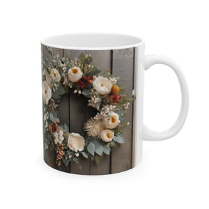 Rustic Floral Wreath Ceramic Mug 11oz/15oz - Farmhouse Vibe Floral Print Coffee Cup - Charming Home & Living Floral Wall Art Decor Mug