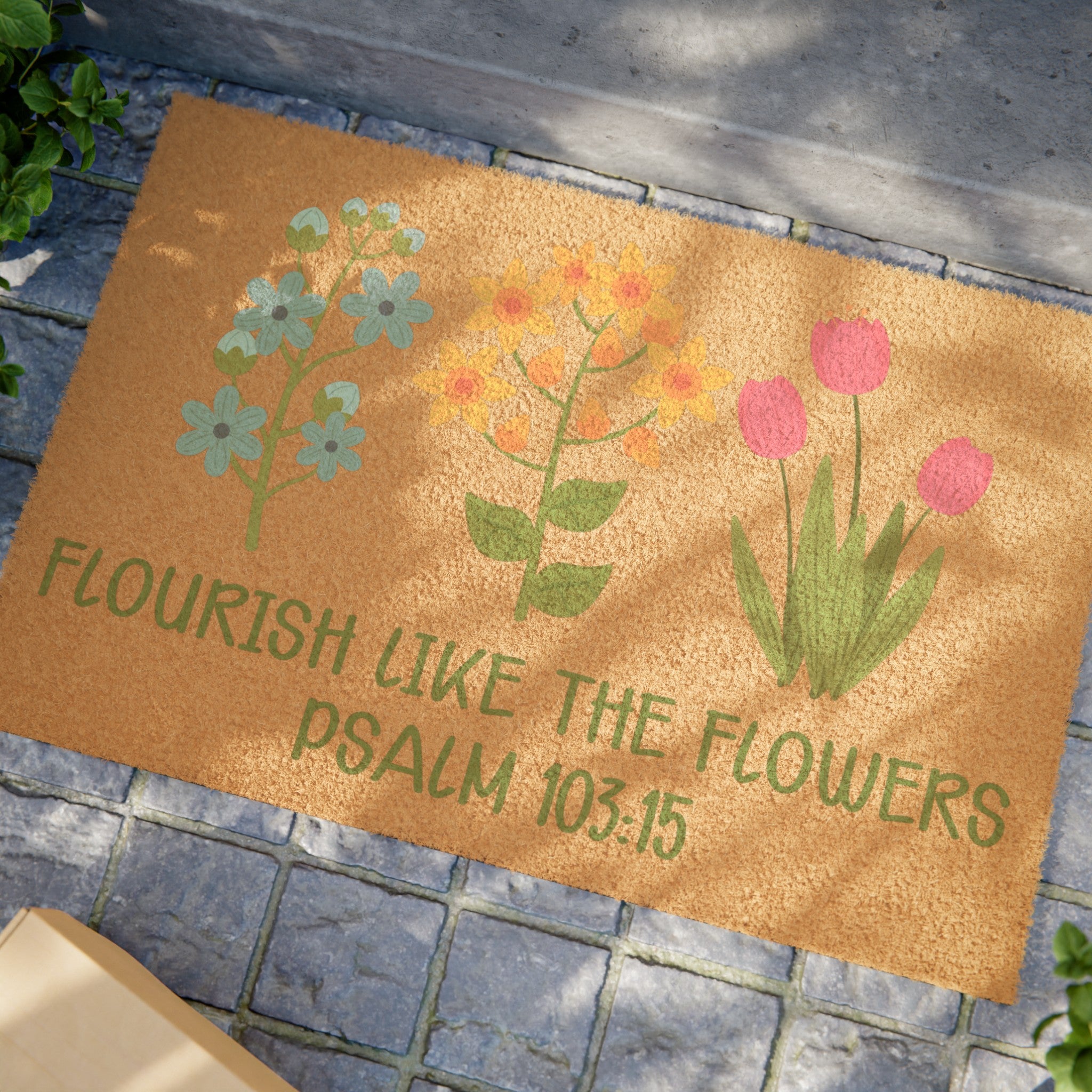 Blossom Gracefully: 'Flourish Like the Flowers' Psalm 103:15 Doormat