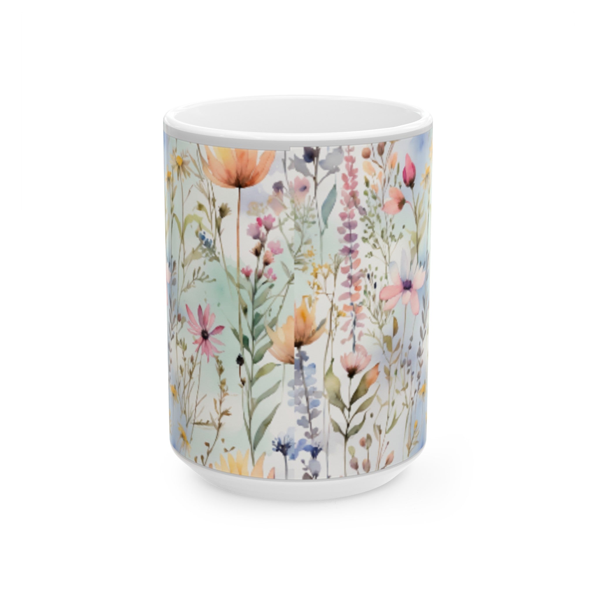 Watercolor Wildflowers Ceramic Mug 11oz/15oz - Kitchen Coffee Cup, Home & Living, Bridal Shower Sign, Pastel Field Art