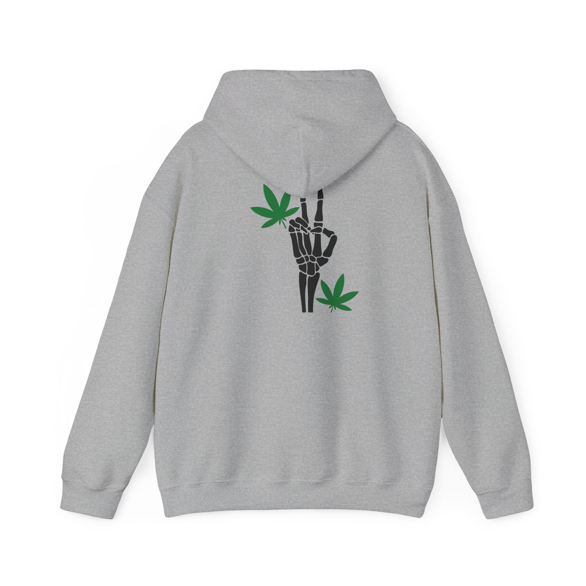 Skeleton Peace Sign Hoodie with Leaves Detail - Unique Cannabis Apparel