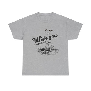 Wish You Were Here Halloween T-Shirt - Spooky Cemetery and Bats Tee - Hauntingly Stylish Shirt