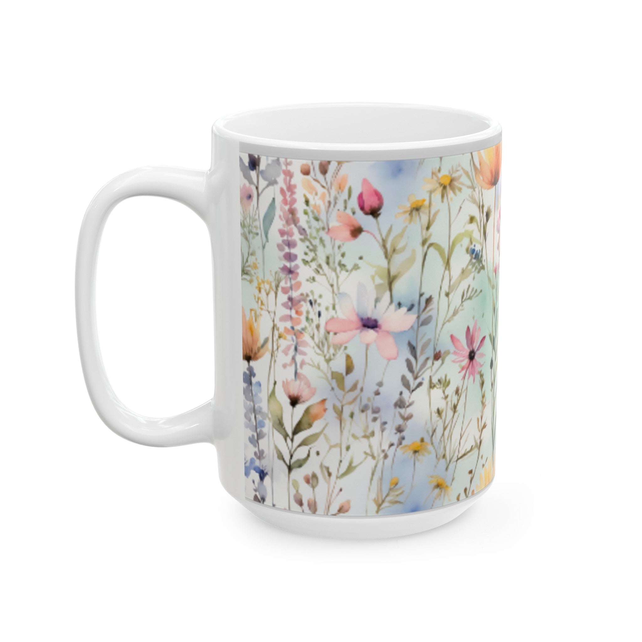 Watercolor Wildflowers Ceramic Mug 11oz/15oz - Kitchen Coffee Cup, Home & Living, Bridal Shower Sign, Pastel Field Art