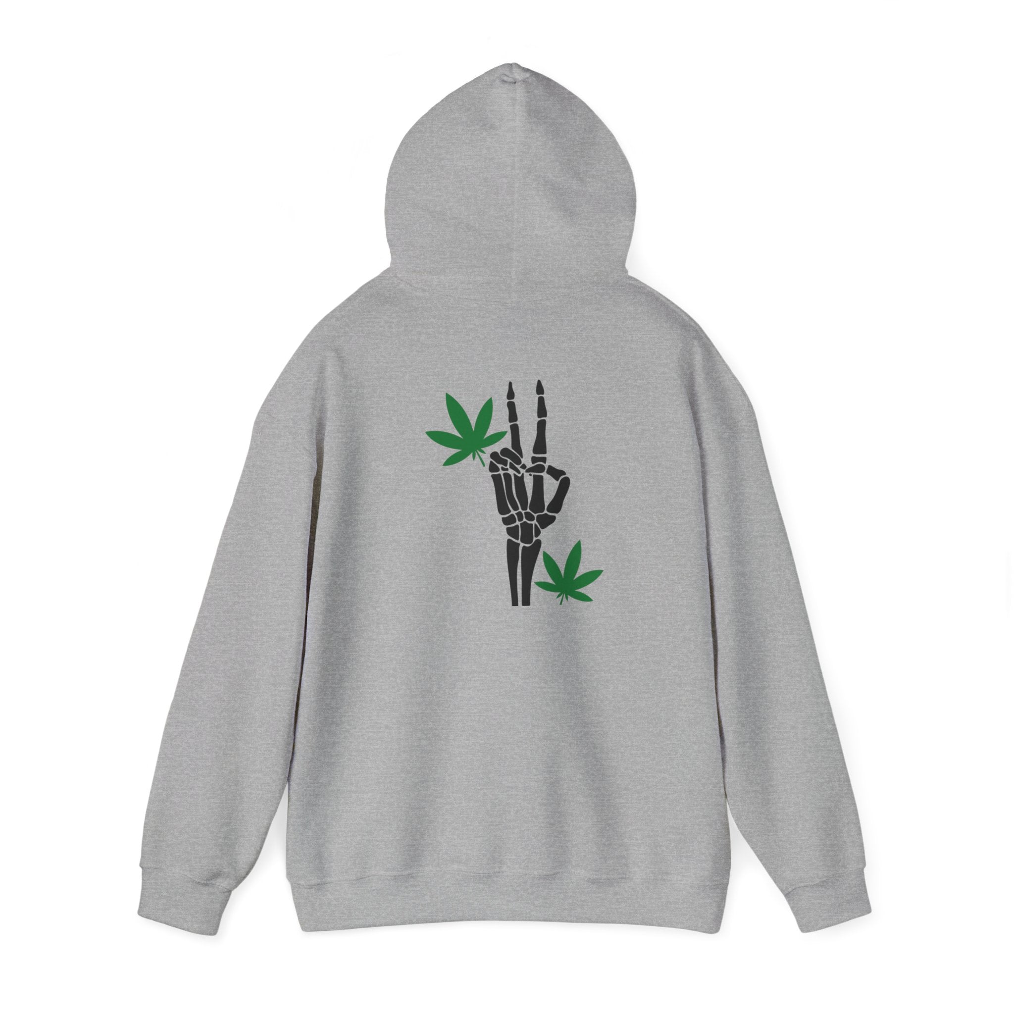 Skeleton Peace Sign Hoodie with Leaves Detail - Unique Cannabis Apparel