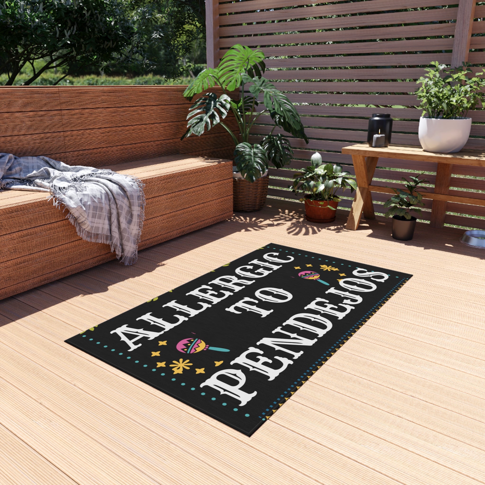 Eye-Catching 'Allergic to Pendejos' Outdoor Rug for Quirky Decor