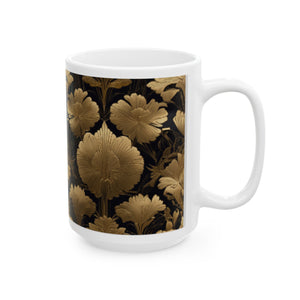 Art Deco Gold Foil Floral Ceramic Mug - 11oz/15oz Coffee Mug for Home & Living, Kitchen Decor, Floral Print Collectible Mugs