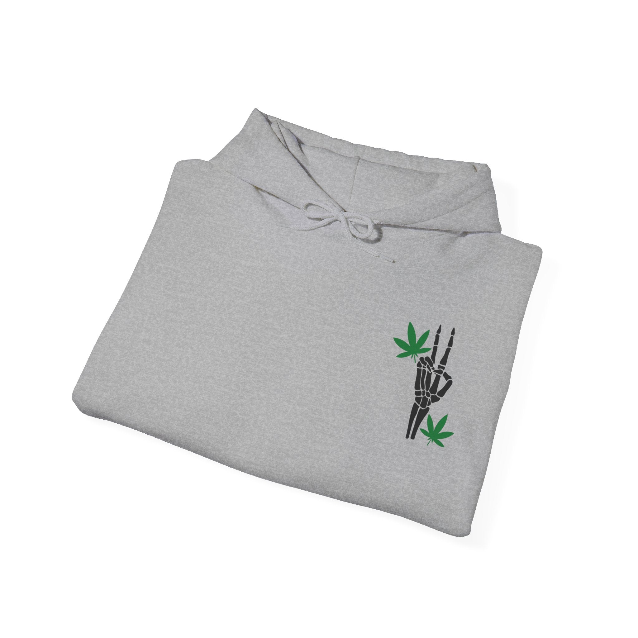 Skeleton Peace Sign Hoodie with Leaves Detail - Unique Cannabis Apparel