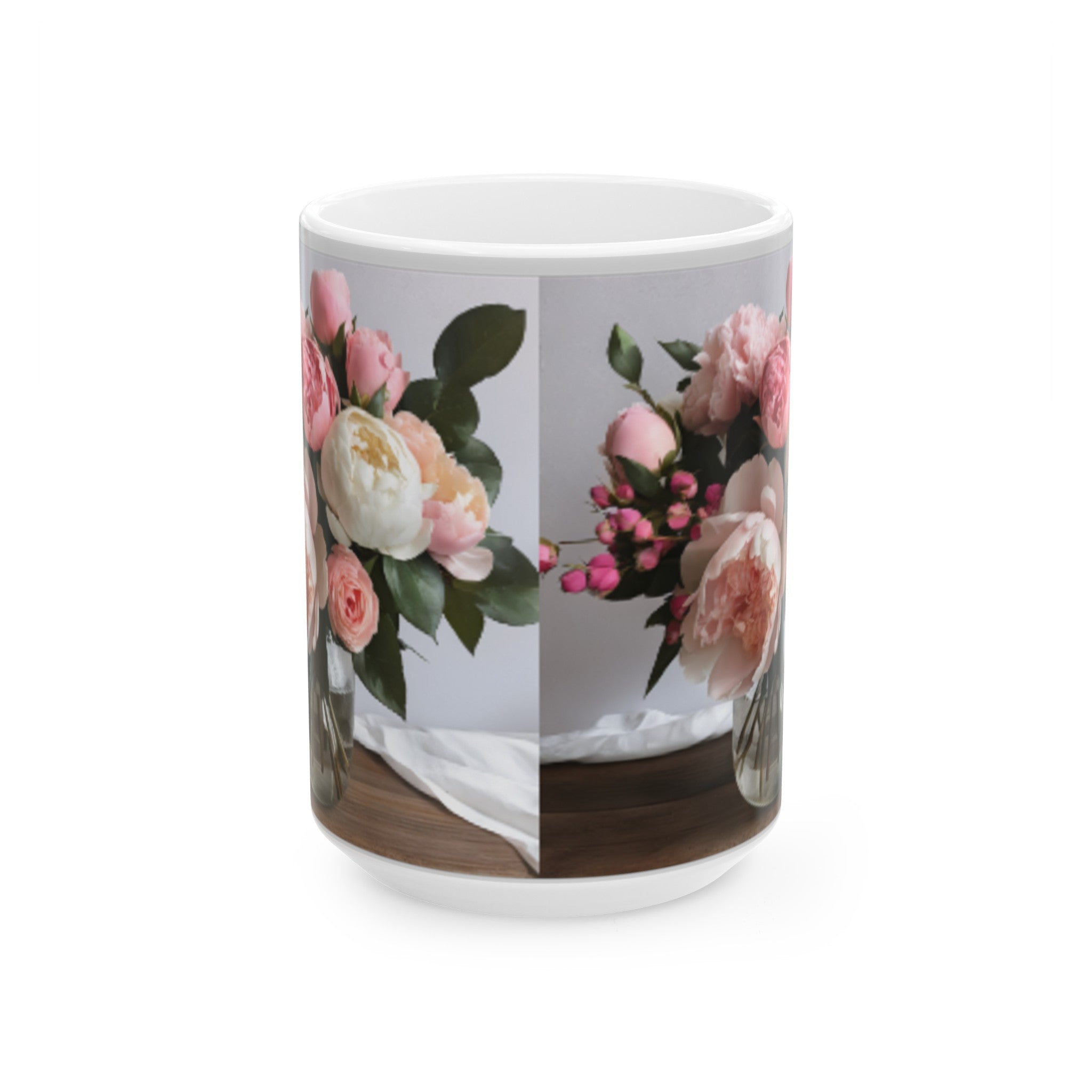 Romantic Roses and Peonies Bouquet Ceramic Mug - Coffee Mug 11oz/15oz, Perfect Romantic Gifts for Him & Her, Kitchen Decor