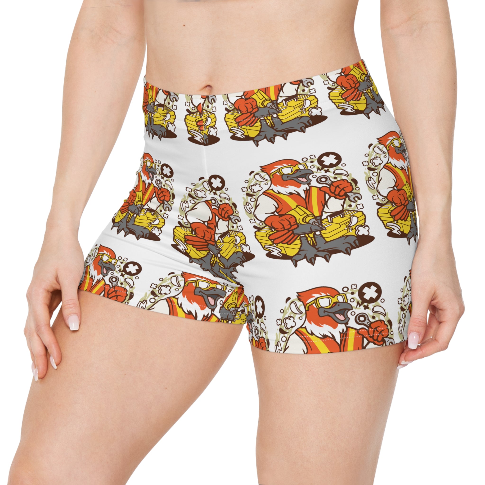 Fly in Style: Women's Spandex Shorts with Charming Bird Mechanic Prints