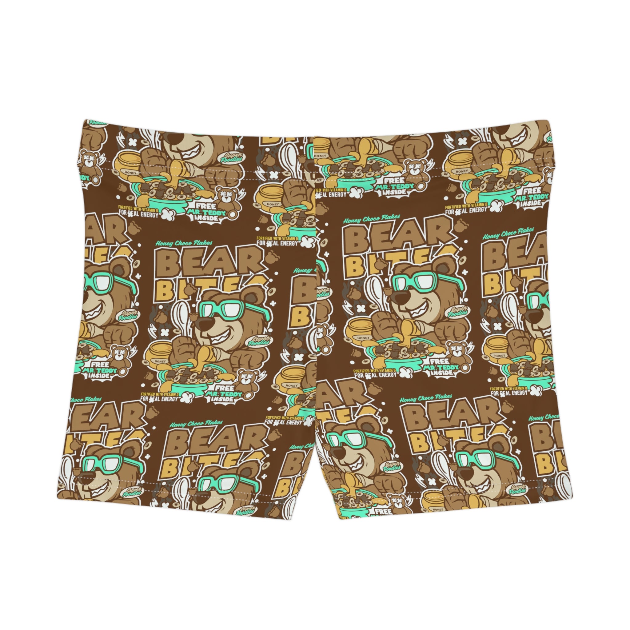 Playful Bear Bites Women's Spandex Shorts: Fun Cartoon Bear Design- Women's Shorts (AOP)