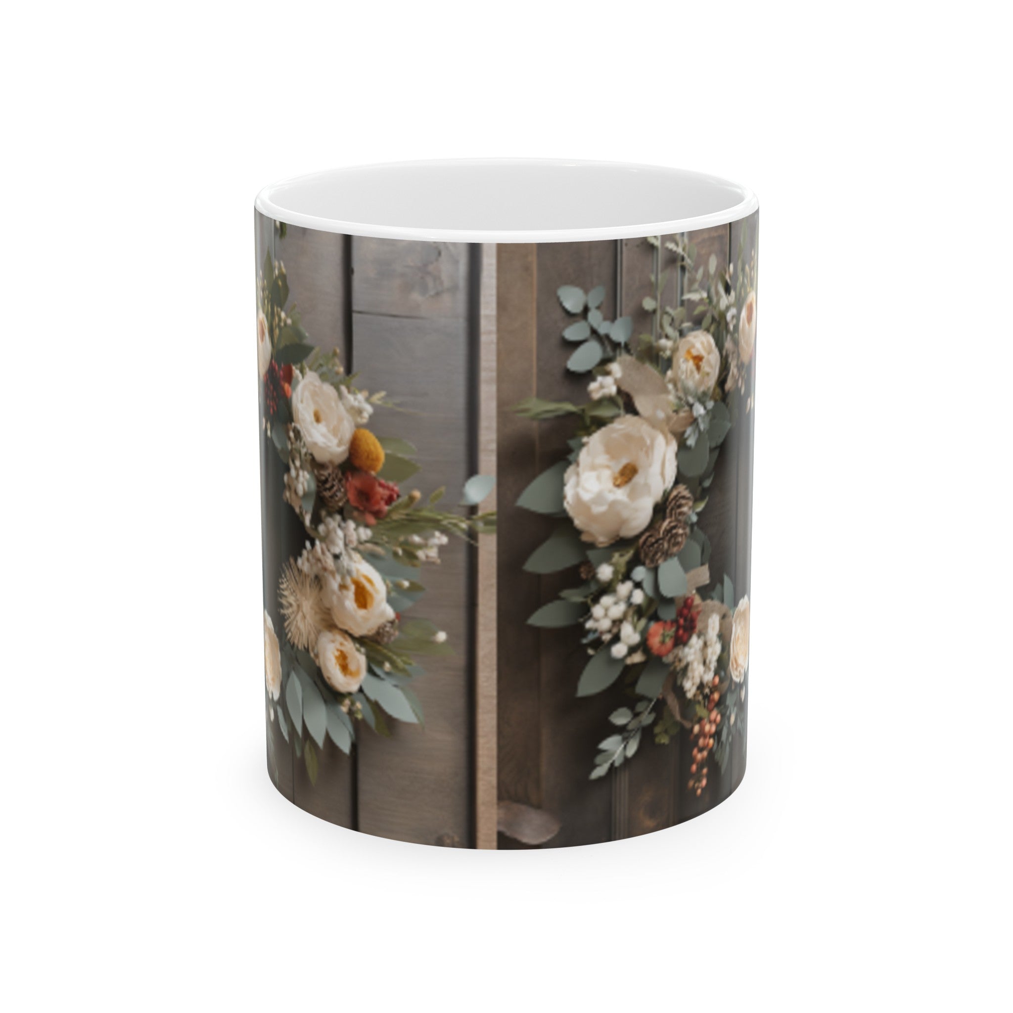 Rustic Floral Wreath Ceramic Mug 11oz/15oz - Farmhouse Vibe Floral Print Coffee Cup - Charming Home & Living Floral Wall Art Decor Mug