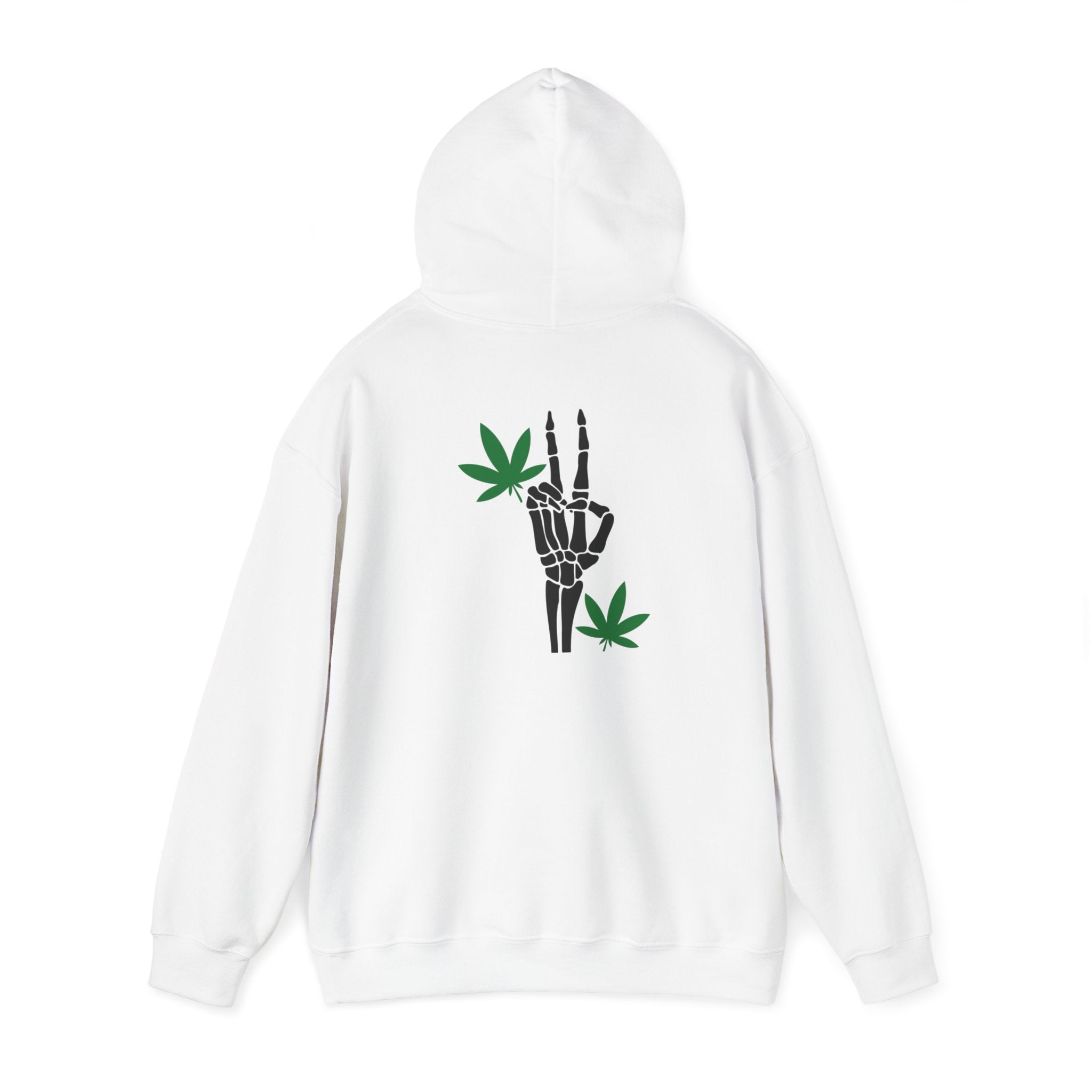 Skeleton Peace Sign Hoodie with Leaves Detail - Unique Cannabis Apparel