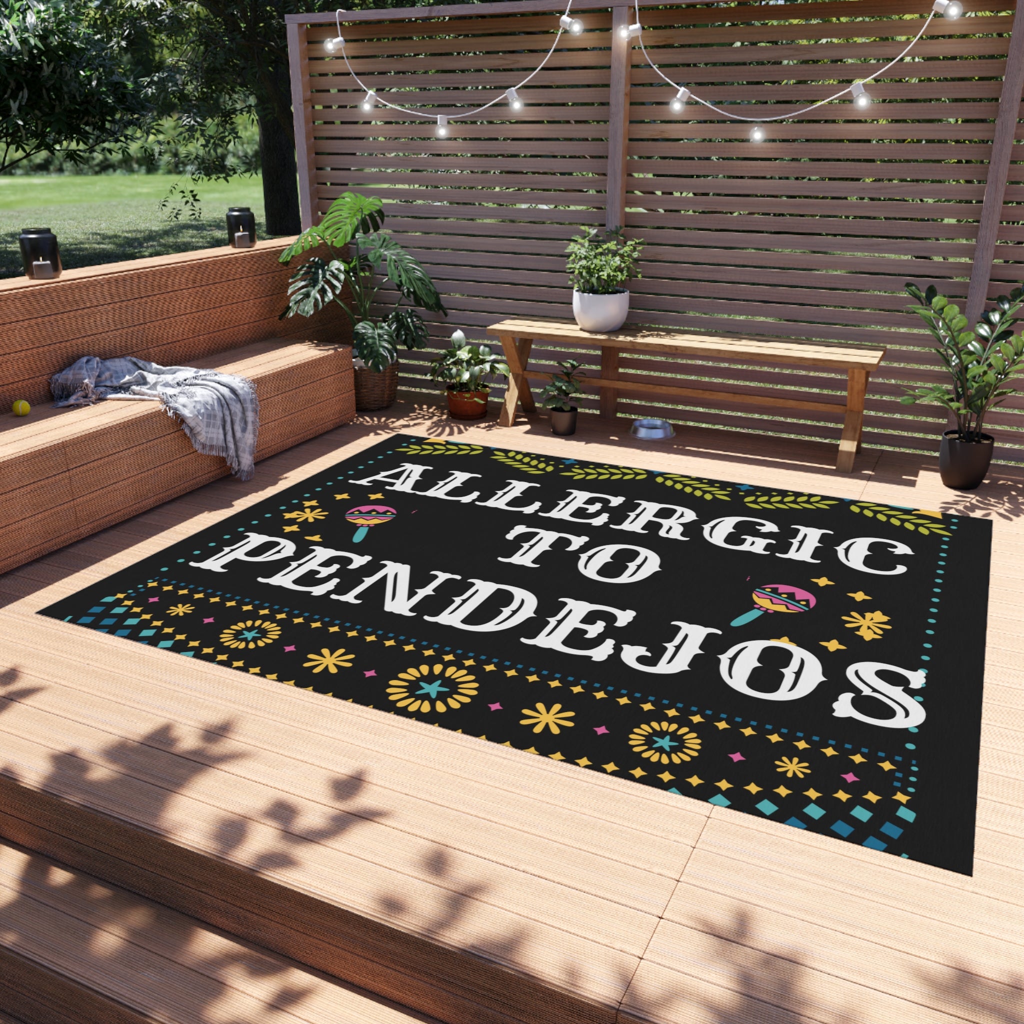 Eye-Catching 'Allergic to Pendejos' Outdoor Rug for Quirky Decor