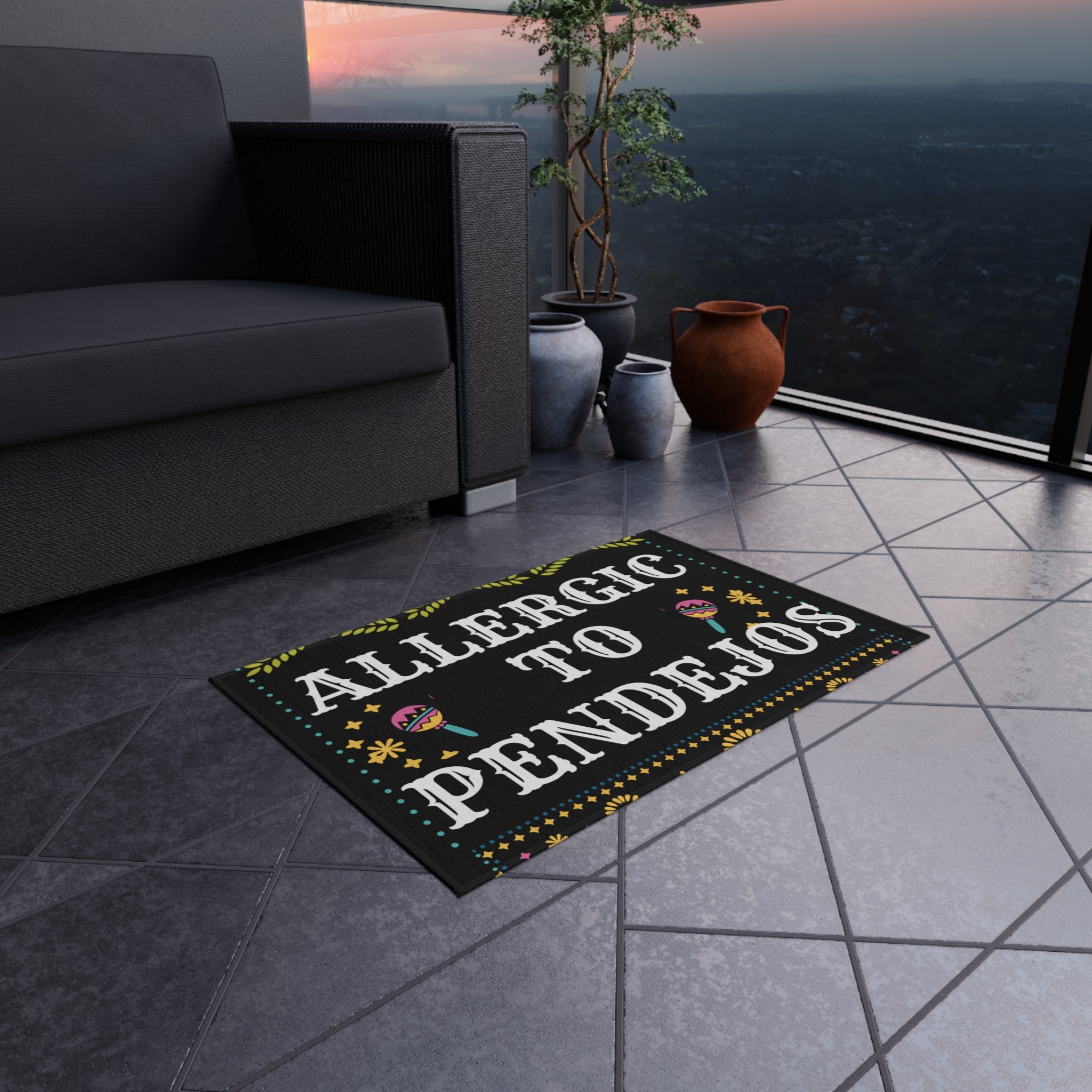 Eye-Catching 'Allergic to Pendejos' Outdoor Rug for Quirky Decor