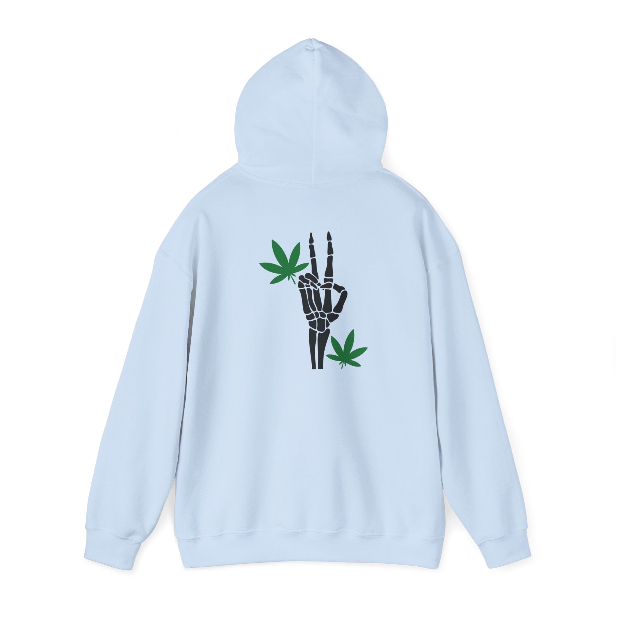 Skeleton Peace Sign Hoodie with Leaves Detail - Unique Cannabis Apparel