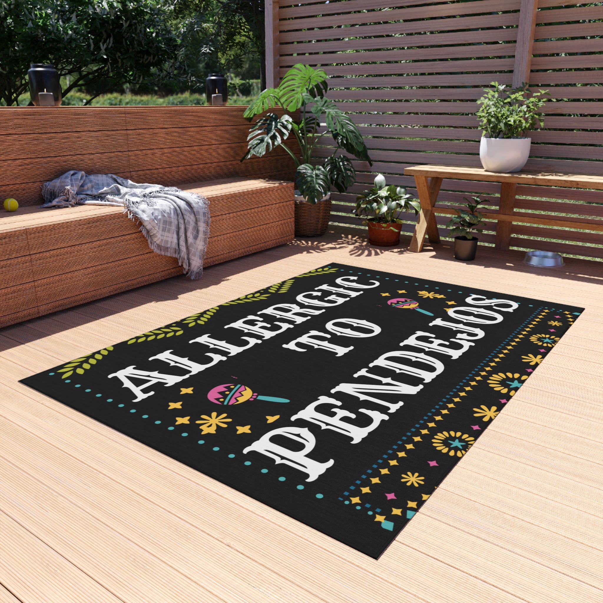 Eye-Catching 'Allergic to Pendejos' Outdoor Rug for Quirky Decor