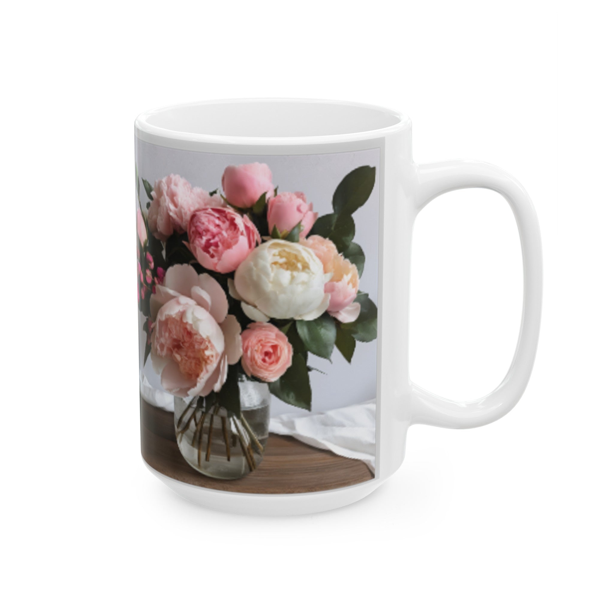 Romantic Roses and Peonies Bouquet Ceramic Mug - Coffee Mug 11oz/15oz, Perfect Romantic Gifts for Him & Her, Kitchen Decor