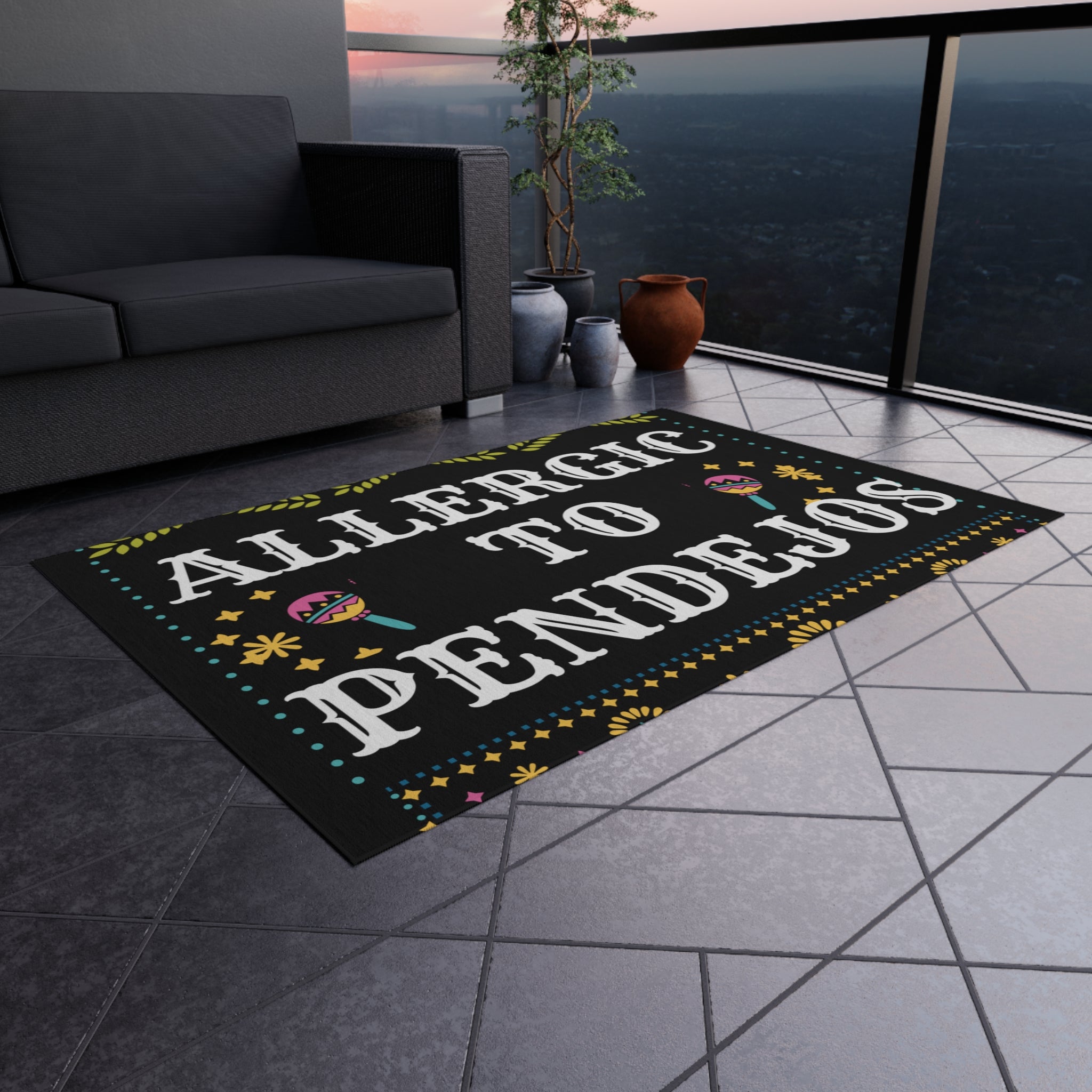 Eye-Catching 'Allergic to Pendejos' Outdoor Rug for Quirky Decor