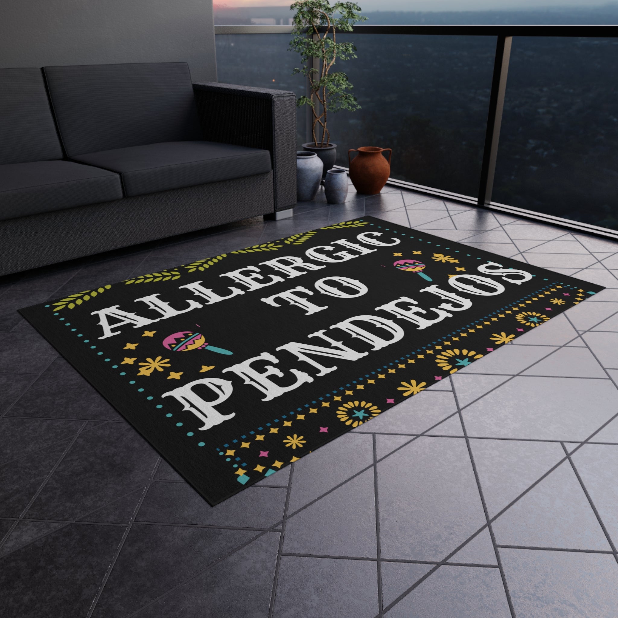 Eye-Catching 'Allergic to Pendejos' Outdoor Rug for Quirky Decor